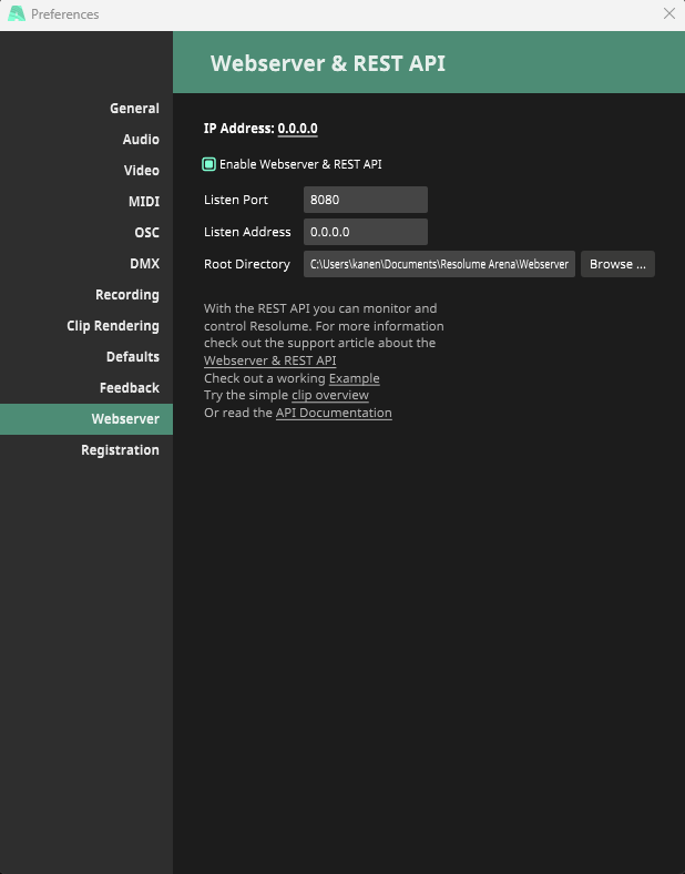 Resolume Preferences, Webserver panel, with Enable Webserver & REST API ticked